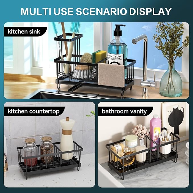 Kitchen Sink Sponge Holder & Soap Caddy - Countertop Dish Rack Space, Self-Draining Tray, Keeps Sponges & Soap Organized Black