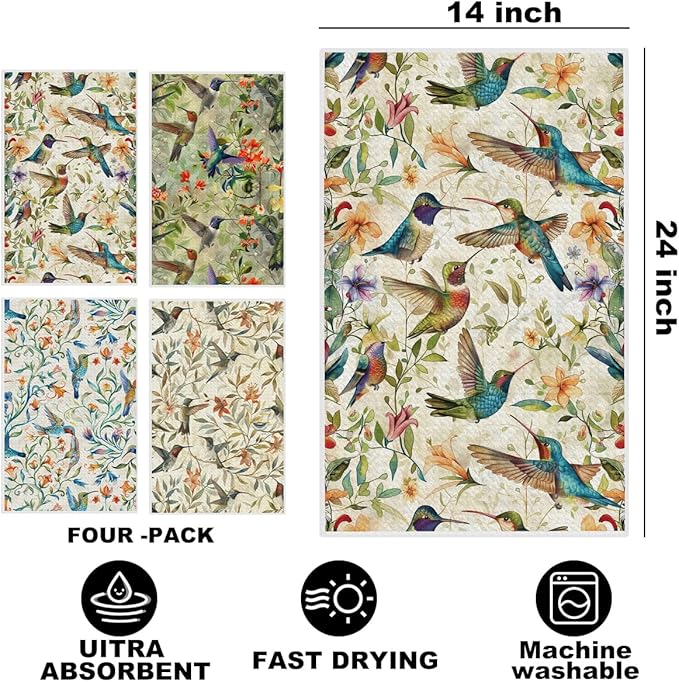 4 Pcs Vintage Hummingbird Kitchen Towels, Artistic Decorative Absorbent Microfiber Dish Cloth Tea Towel, Floral Waffle Hand Towels for Farmhouse Home Bathroom, Bird Lover Gifts