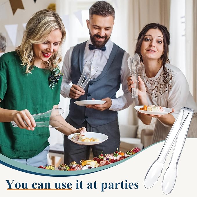 Tessco for you 25 Pcs Plastic Tongs for Serving Bulk, 9 Inch Plastic Disposable Serving Tongs, Heavy Duty Salad Tong for Kitchen, Buffet, BBQ, Events & Catering (Transparent)