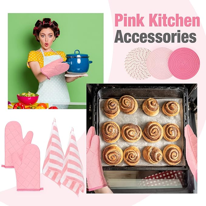 Zubebe Oven Mitts and Pot Holders with Kitchen Towels Set of 7, Valentine Gift for Women Heat Resistant Oven Gloves Hot Pads Kitchen Hand Towels for Cooking Baking(Pink)