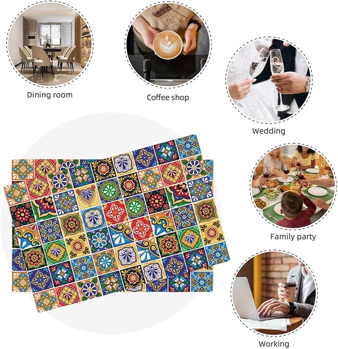 Mexican Talavera Tile Linen Placemats Set of 4, Colorful Place Mats for Dining Table, Heat-Resistant Washable Non-Slip Table Mats, Spring Easter Gifts for Festival Culture Lovers, Kitchen Home Decor