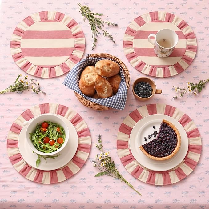4 Pcs 15 Inch Cotton Scalloped Round Placemats, Pink and White Stripes Thin Place Mats with Ruffle, & Washable Placemats Table Mats for Kitchen Dining Holiday Gatherings Decor