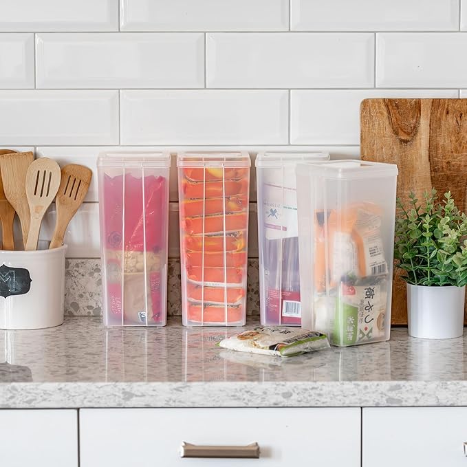 IRIS USA Vertical Plastic Flip Top Storage Containers Bins with Lids for Pantry, Home, Office, Organization, Large, Stackable Hinged Organizer with Latches, Clear, 4 Pack