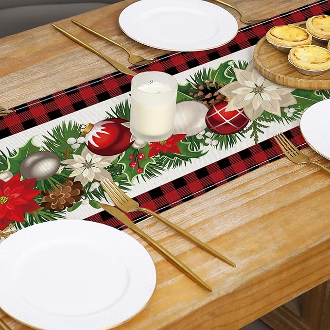 Christmas Decorations - Red and Black Buffalo Check Christmas Table Runner,Winter Holiday Kitchen Dining Table Decoration for Home Party Decor 13 x 72 Inch