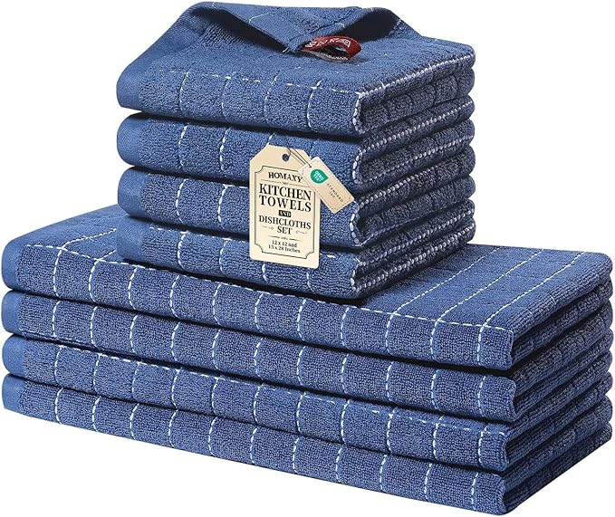Homaxy Kitchen Towels and Dishcloths Set, 12 x 12 and 13 x 28 Inches, Set of 8 Bulk Cotton Terry Kitchen Towels Set, Checkered Designed, Soft and Super Absorbent Dish Towels, Navy Blue