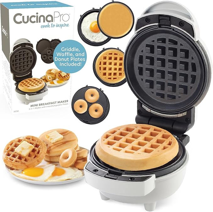 3 in 1 Mini Breakfast Maker- Make Mini Waffles Donuts Pancakes or Eggs all in 1 Multi Use Appliance- Easily Swap & Clean Interchangeable Griddle Plates- Small Electric Nonstick Baker with Recipe Guide