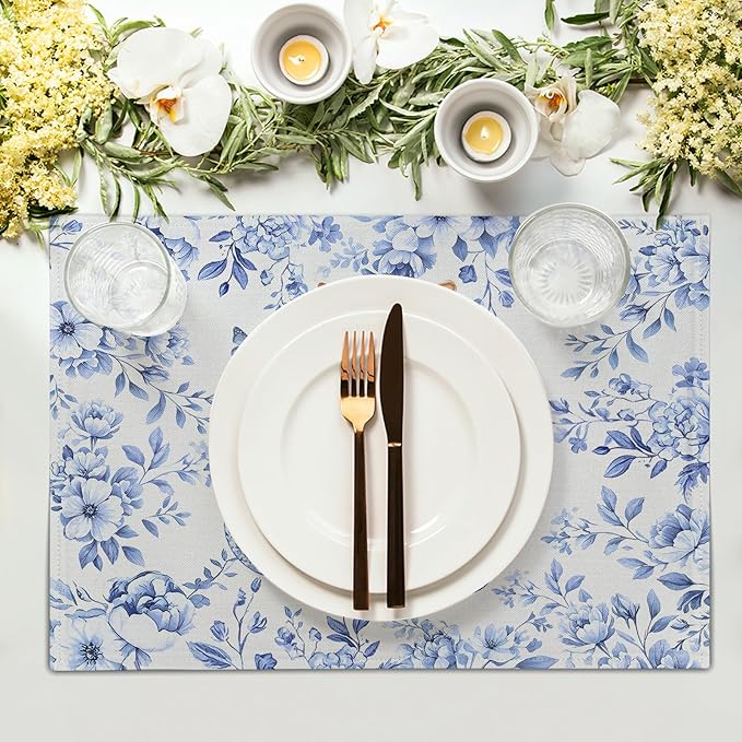 Rabbit Easter Placemats for Dining Table 12 X 18 in Holiday Decoration Rustic Vintage Washable Table Mats Set of 4 Blue