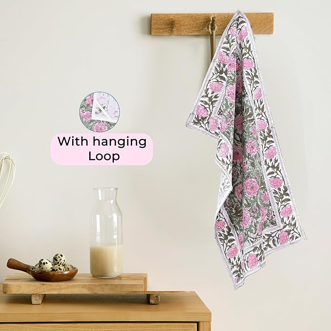 CPC Pink Tourmaline Hand Block Print Waffle Kitchen Towel Set of 3-16 x 28 Inch Ultra Absorbent Quick Dry Cotton Lightweight Reusable Sustainable Tea Towels for Cleaning and Drying Gift for Christmas