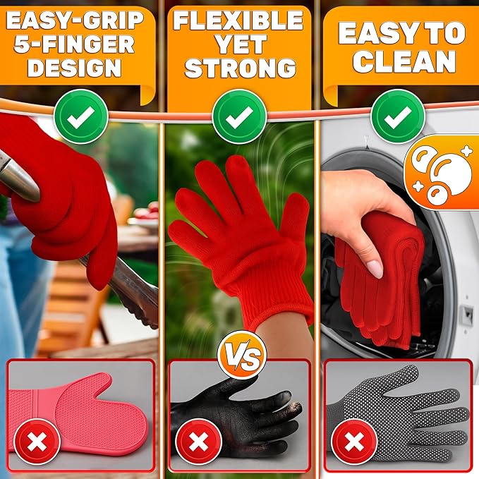 Heat Resistant Gloves for Cooking & Grilling – Aramid Oven Gloves with Fingers, Lightweight BBQ Gloves with Cotton Lining, Non-Slip, 9.45"x3.94" Kitchen Mitts for Baking & Frying, Great Gift for Chefs