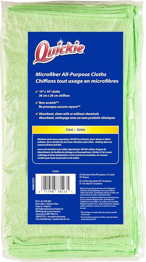 Quickie Cleaning 32-Pack Microfiber Cleaning Cloth 14"x14" inch Green All-Purpose Towel/Wiper for Multi-Purpose Indoor/Outdoor Cleaning/Dusting/Polishing on Kitchen/Bathroom/Auto Surfaces