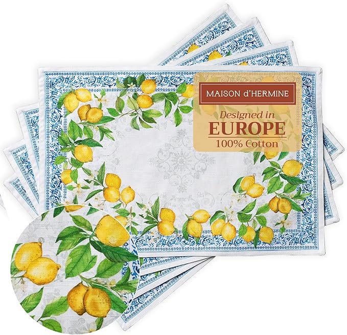 Maison d' Hermine Placemats Set of 4 100% Cotton Washable Cloth Place Mats Reusable Table Mats for Kitchen Dining Party Wedding Gifts for Mothers Day Spring/Summer (Cedrat, 13" x 19")