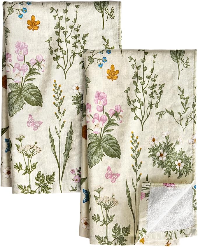 Miss Adola Cotton Kitchen Towels Set of 2 - Cute Design 16×26 Inch Dish Towels for Kitchen with Hanging Loop Line Flower Quick Dry Hand Towels Soft & Absorbent, Decorative Terry Cloth Tea Towels