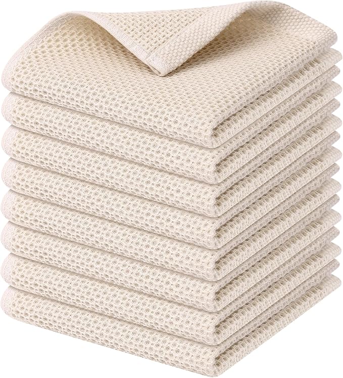 Kitinjoy 100% Cotton Kitchen Dish Cloths 8 Pack, Waffle Weave Ultra Soft Absorbent Dish Towels for Drying Dishes Quick Drying Kitchen Towels Dish Rags (12 X 12 Inches, Beige)