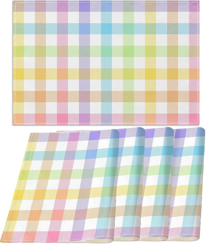 Pudodo Easter Buffalo Plaid Check Placemats Set of 4 Spring Holiday Party Decorations for Home Kitchen Table Supply (12" x 18")
