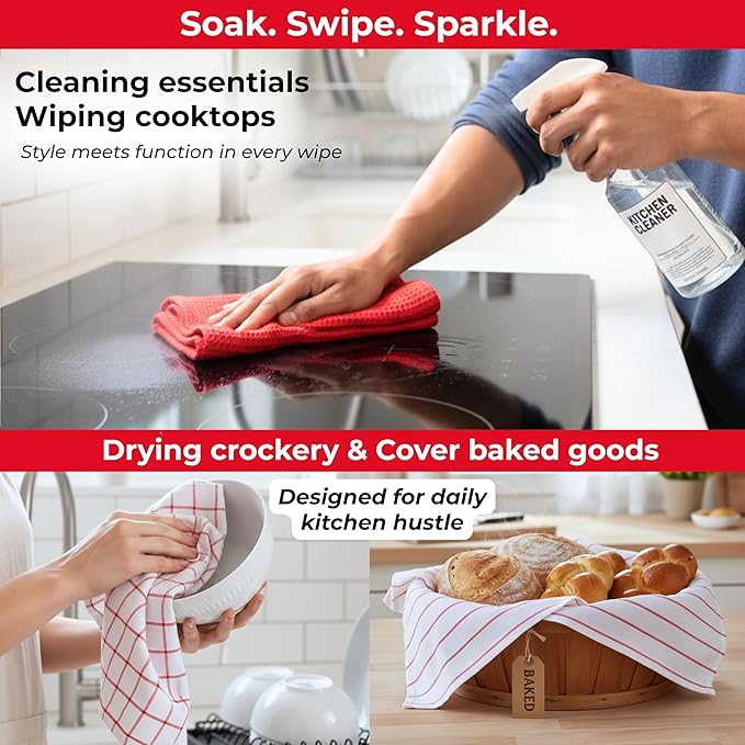 Cotton Dish Towels for Kitchen Drying - Highly Absorbent Wide Red Striped Plaid Tea Towels - 18"X28" Set of 6 Farmhouse Linen Dishtowels in Bulk - Pano De Prato para Cozinha - T Towles Towls