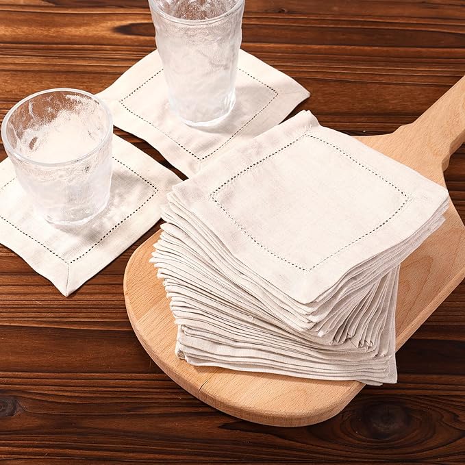 50pcs Beige Linen Cocktail Napkins, 6x6 Inch Reusable Cloth Napkins Washable for Drink Dinner Wedding Birthday Baby Shower Party Table Home Bar Supplies (Linen)