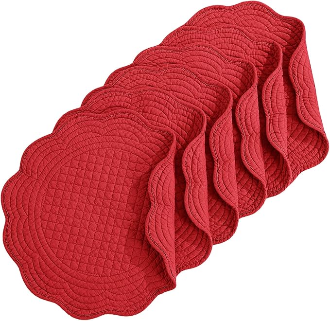 HOMBYS Quilted Placemats Set of 6 Washable Round Placemats for Kitchen Table-100% Cotton Fabric 14 Inch Round Table Mats, Cotton Fabric with Microfiber Filling, (14"x14", Red)