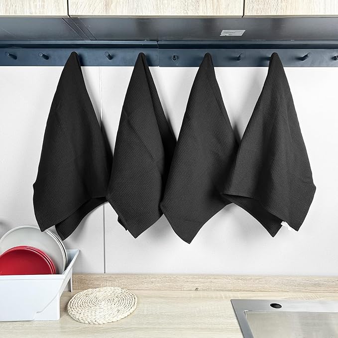 PY HOME & SPORTS Dish Towels Set - 4 Pieces 17 x 25 Inches Black 100% Cotton Waffle Weave Kitchen Towels, Super Absorbent Kitchen Hand Dish Cloths for Drying and Cleaning