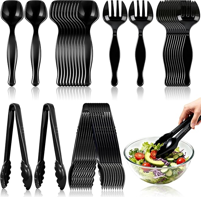 36Pcs Disposable Plastic Serving Utensils Set, 12 Black Spoons, 12 Forks, 12 Tongs, 9-Inch for Party Buffet Catering Events, Heavy Duty and Ergonomic Design (Black)