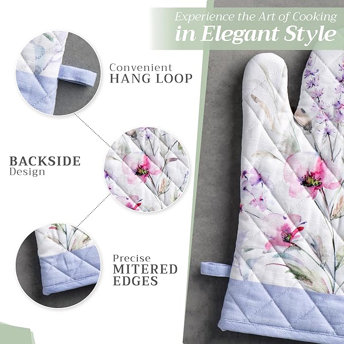 Maison d'Hermine Oven Gloves 100% Cotton Oven Mitt 7" x 13" with Loop Heat Resistant BBQ Cooking Gloves Baking Grilling Gifts for Mothers Day Spring/Summer (Pack of 1, Summer Floral)