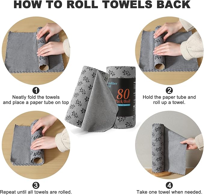 Microfiber Cleaning Cloth Roll,80 Pack Cleaning Towels,Lint Free Rags Paper Towels & Tear Away Reusable Towels,Washable Shop Rags Floral Wipe Cloth,Wash Cloths Dish Rags for Car Kitchen Window