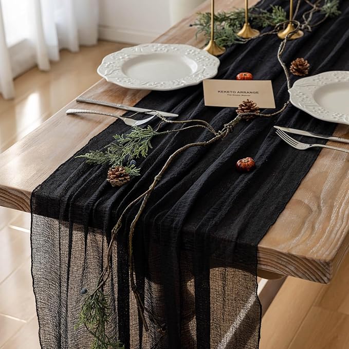Keketoarrange 3pcs Halloween Table Runner Black Cheesecloth Gauze Rustic Premium Cotton Cheese Cloth Table Runner 120 Inch 10 FT for Wedding Bridal Baby Shower Long Sheer Boho Decorations