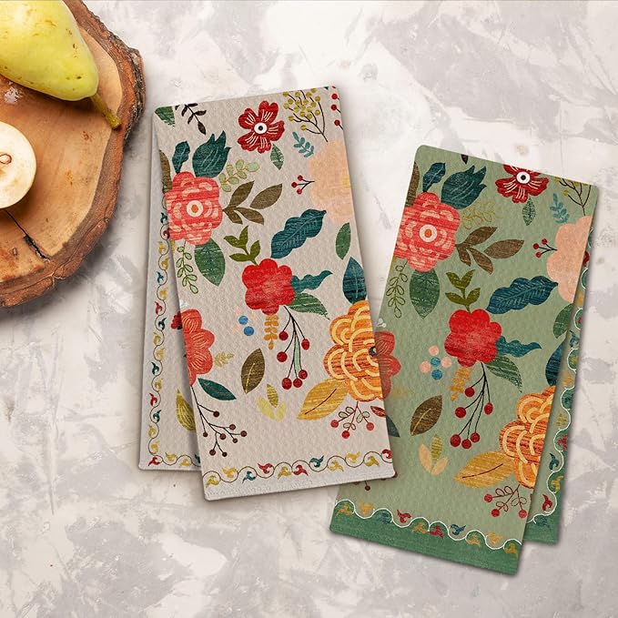 Vintage Boho Floral Kitchen Towels, Retro Colorful Flower Dish Tea Towels Drying Cloth for Kitchen, Boho Wildflower Green and Beige Decorative Hand Towels for Bathroom, 16x24 Inch Set of 2