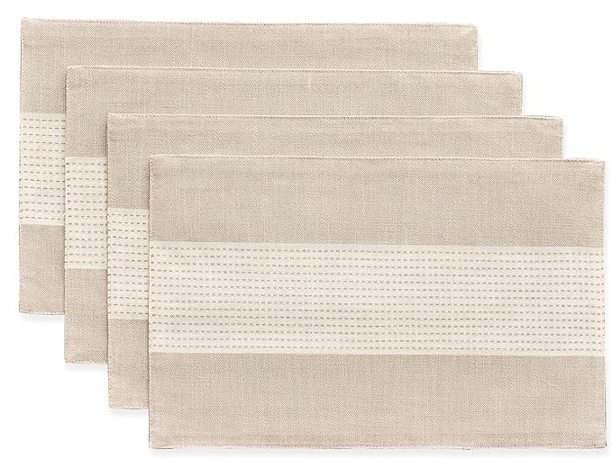 Wracra Linen Placemats, 12 x 18 Inch Set of 4 Placemats, Farmhouse Macrame Place Mats for Kitchen Table and Heat Resistant-Hemstitch Light Coffee 4PCS