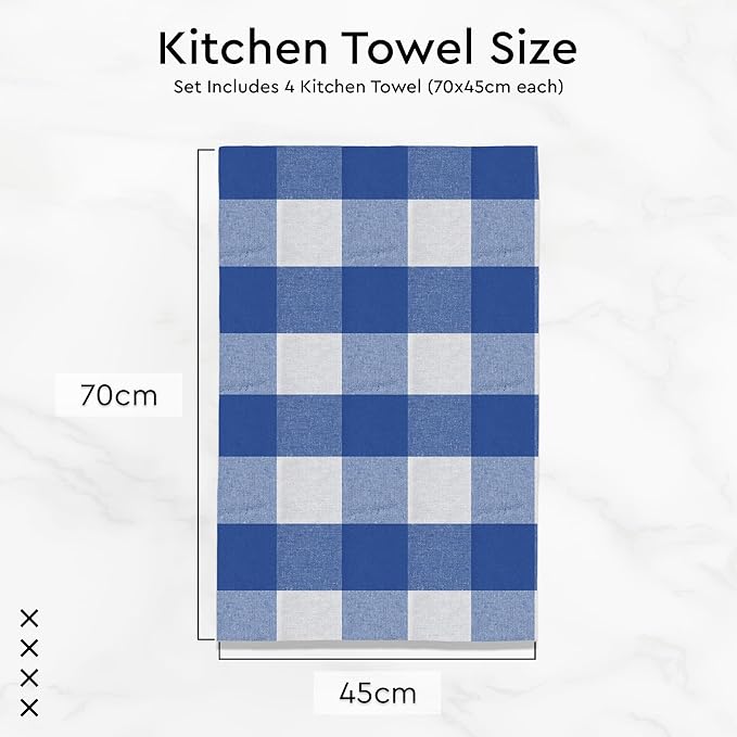 Encasa XO Cotton Kitchen Towel Set | Hand and Tea Cloth for Cleaning & Quick Drying, X-Large 28"x18" (Pack of 4) Highly Absorbent - Buffalo Blue Checks