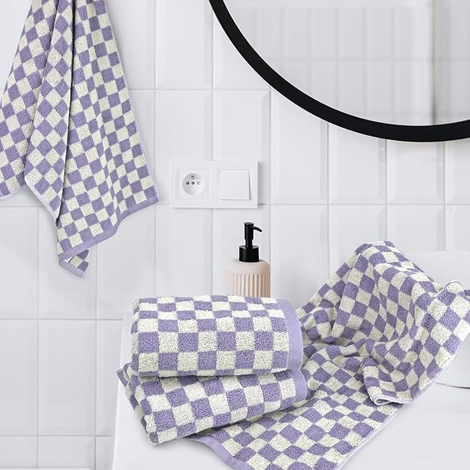 Hand Towel for Bathroom Guest Room Home - 100% Cotton Face Towel Set Lilac Checkered, Extra Soft, Absorbent 4-Piece for Daily Use