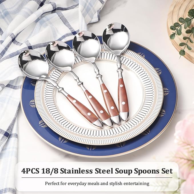 Soup Spoons，4Pcs Soup Spoons Set，Premium Stainless Steel 18/8 Spoons with Comfortable Bakelite Handle，Heavy-Weight Metal Round Spoons