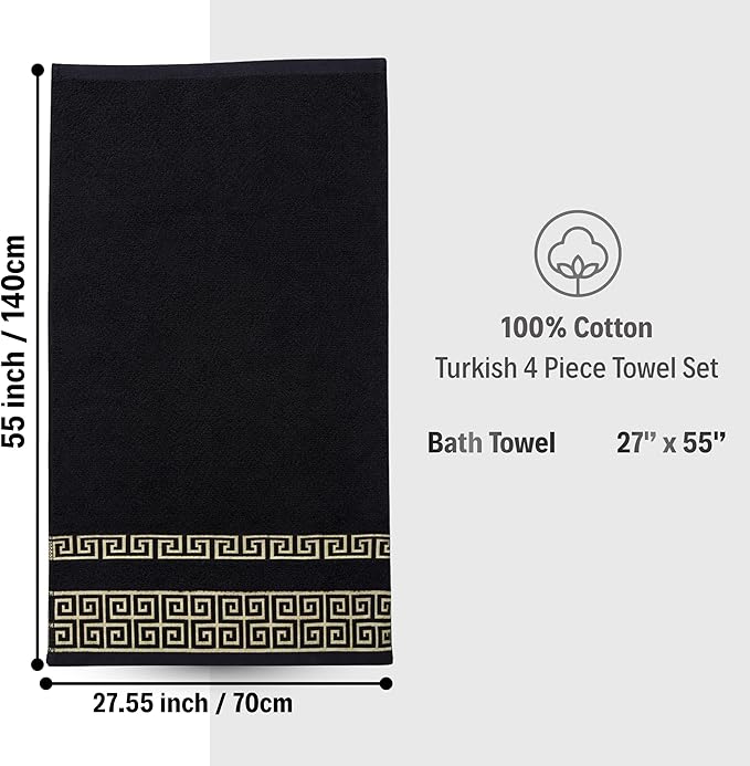 Luxury 4 Piece Bath Towel Set with Greek Key Design - 100% Cotton Soft & Absorbent Bathroom 27x54 in Extra Large Towels - Quick Dry, Plush & Durable - Black Towels Set for Home, Spa & Hotel Use AA1