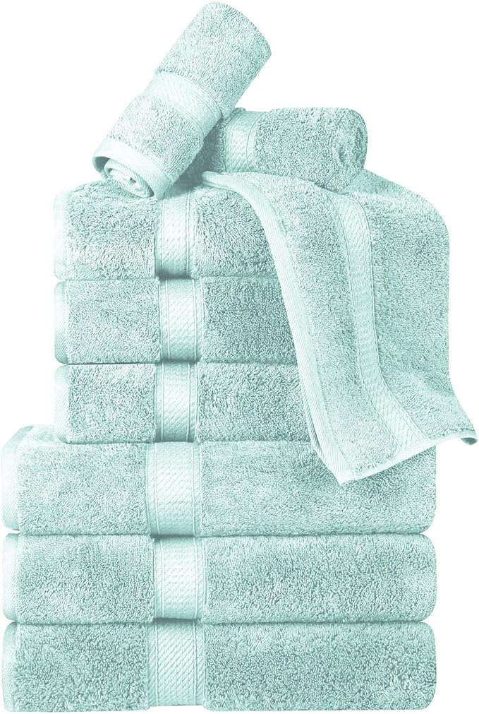 Superior Egyptian Cotton Pile 9 Piece Towel Set, Includes 3 Bath, 3 Hand, 3 Face Towels/Washcloths, Ultra Soft Luxury Towels, Thick Plush Essentials, Guest Bath, Spa, Hotel Bathroom, Sea Foam