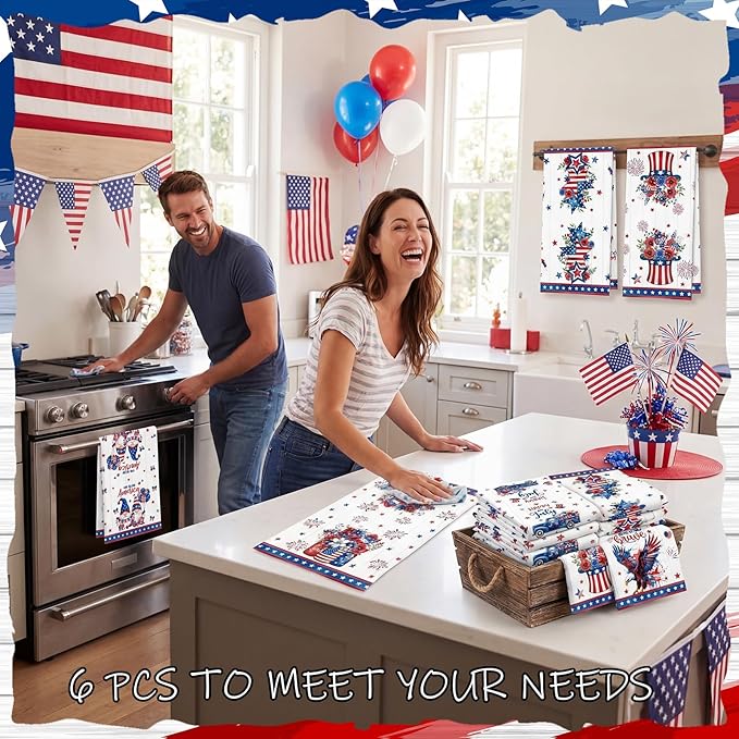Breling Set of 6 4th of July Kitchen Towels Patriotic Themed Dish Towel Bathroom Decorative Rustic Cloths for Independence Day Kitchen Bathroom Home Cooking Housewarming, 14 x 21 Inch
