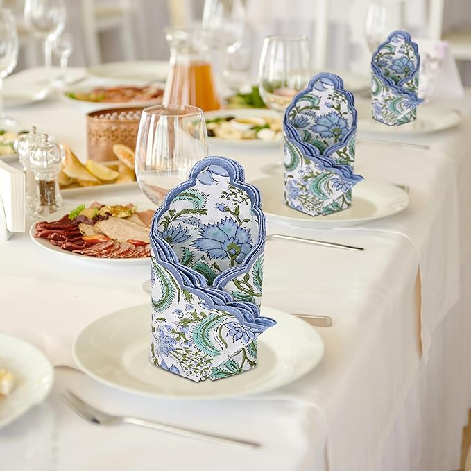 Ridhi Hand Block Print Columbia Blue 18" x 18" (Set of 4) Embroidery Table Napkins Reusable Cotton Dinner Napkins for Weddings, Parties, Everyday Dining Gift for Spring, Easter, Valentine