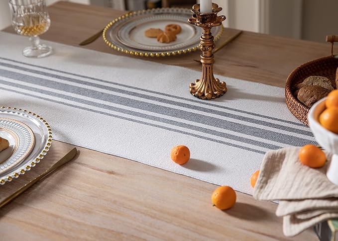 Boho Table Runner for Modern Farmhouse Decor, Dining Table décor 13 x 72 Inch Long, Coffee Table Runner with Handcrafted Tassels, Grey and Beige Stripe Table Runner for Home Boho Décor
