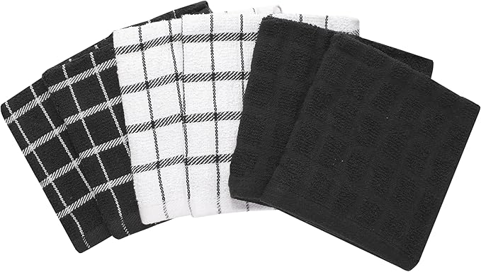 Ritz Premium 100% Cotton Terry Check Kitchen Dish Cloths - Highly Absorbent, Super Soft, Long-Lasting, 12"x12", 6-Pack, Black