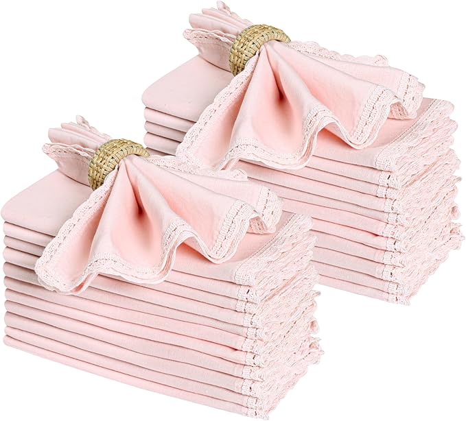 Ramanta Home Linen Flax Cloth Napkins Set of 24 Pink, 18x18 Inch | Easter Premium Cotton Linen Flax Lace Soft & Durable | Washable Ideal for Spring Basket Décor, Wedding Parties, Kitchen, Everyday Use