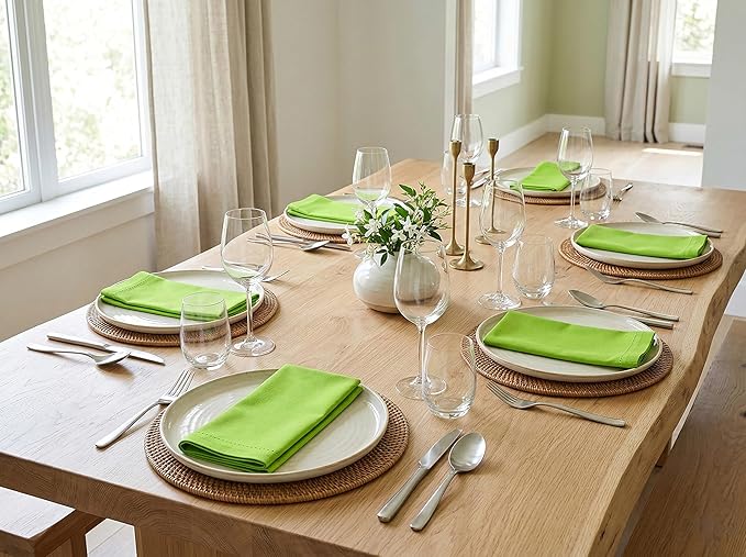 PurpleEssences Set of 6 Hemstitch Cloth Dinner Napkins 100% Cotton - Soft Durable Washable - Ideal for Wedding Spring Easter Summer - Perfect Everyday Use Table Linen 18x18 - Apple Green