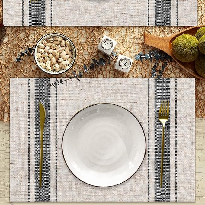 CSFOTO Modern Minimalist Line Decorative Placemats Set of 4 Heat-Resistant Non-Slip Kitchen Table Mats Khaki Woven Rectangle Placemats for Dining Table 18"x12" Washable, Black Stripe