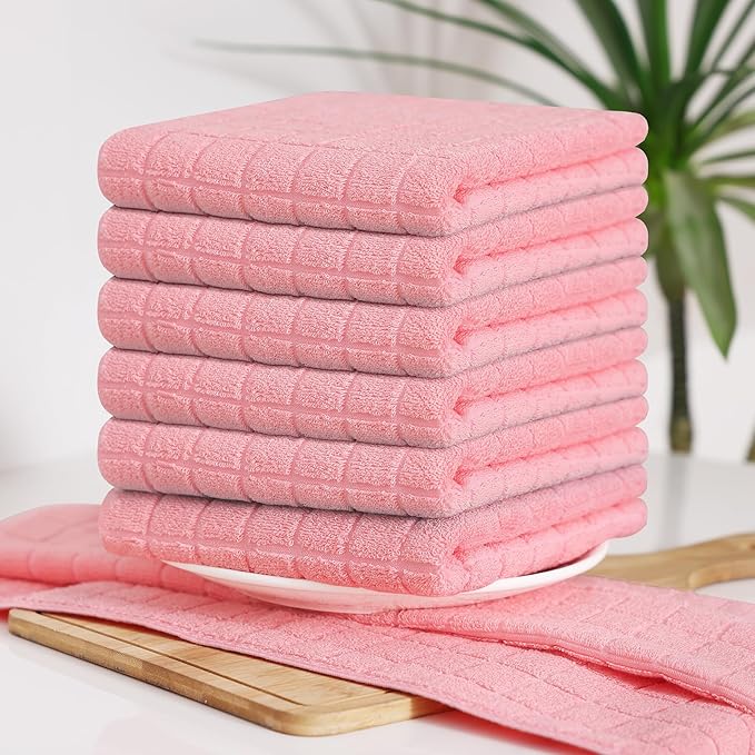 Homaxy Premium Cotton Kitchen Towels 16"x 28", Large Natural Ring Spun 390 GSM Dish Towels, Super Absorbent Terry Kitchen Hand Towels, Soft Tea Towels with Hanging Loop, Pure Pink Design, 6 Pack
