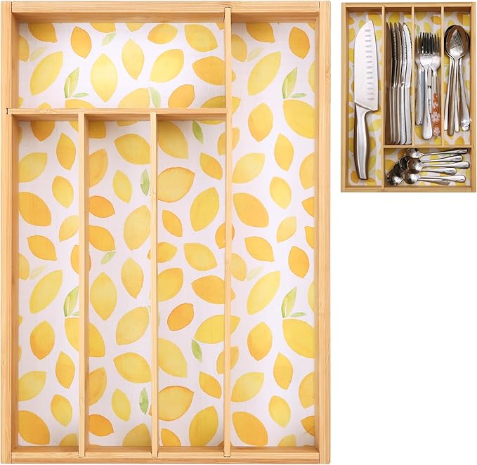 Pristine Bamboo Drawer Organizer - Silverware Organizer with 5 Slots, Lemon Print
