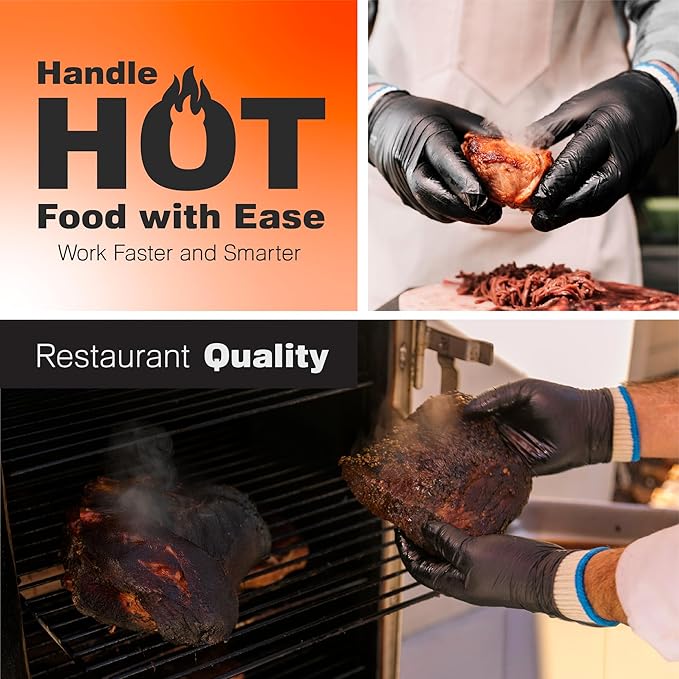 Raxwell BBQ Gloves - Heat-Resistant Gloves for Cooking - Food-Grade Non-Slip Grip & Barbecue Accessories - Includes 6 Cotton Liners for Grilling Accessories - X-Large, Black