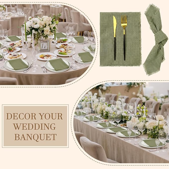 Preboun 24 Pcs Fringe Napkins Bulk Cloth Cotton Soft 17 x 17 Inch Rustic Reusable Washable Festive Square Table Napkins with Fringe for Parties Wedding Restaurant Table Accessory (Olive Green)