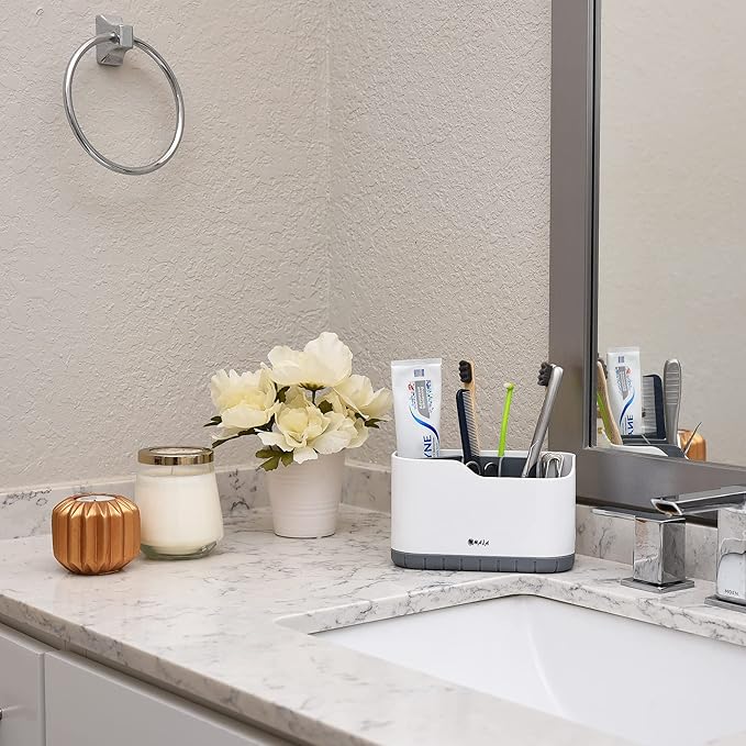 OMAIA Sink Caddy - Sink Organizer for Home, Kitchen, Wash Basin - Holder with Removable Dividers for Sponge, Brush, Toothbrush… White
