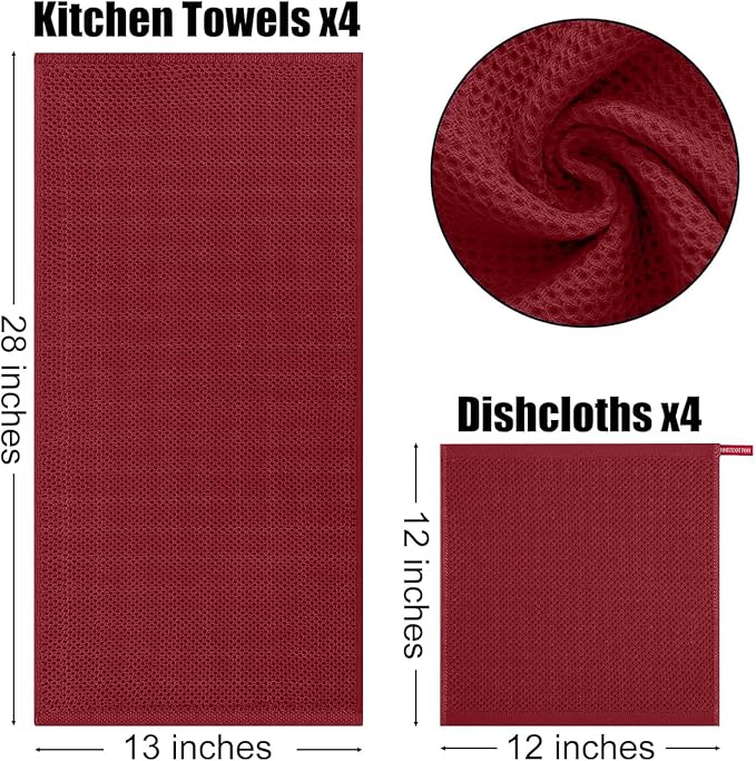 Kitinjoy 100% Cotton Kitchen Towels and Dishcloths Set, 8 Pack-13" x 28" and 12" x 12" Waffle Weave Dish Towels, Ultra Soft Absorbent Quick Drying Dish Rags, Burgundy