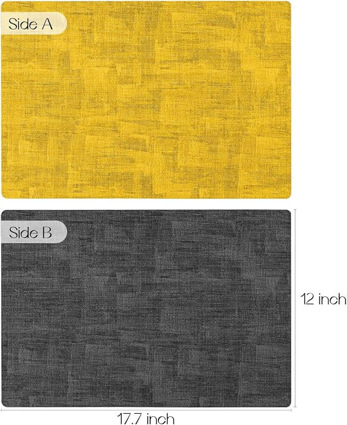 Romanstile Vinyl Placemats Set of 8-12x17 Inch, Reversible Waterproof Washable Non Slip Table Mats, Faux Leather Heat Resistant Wipeable Table Placemats for Dining/Party/Indoor/Outdoor, Grey-Yellow