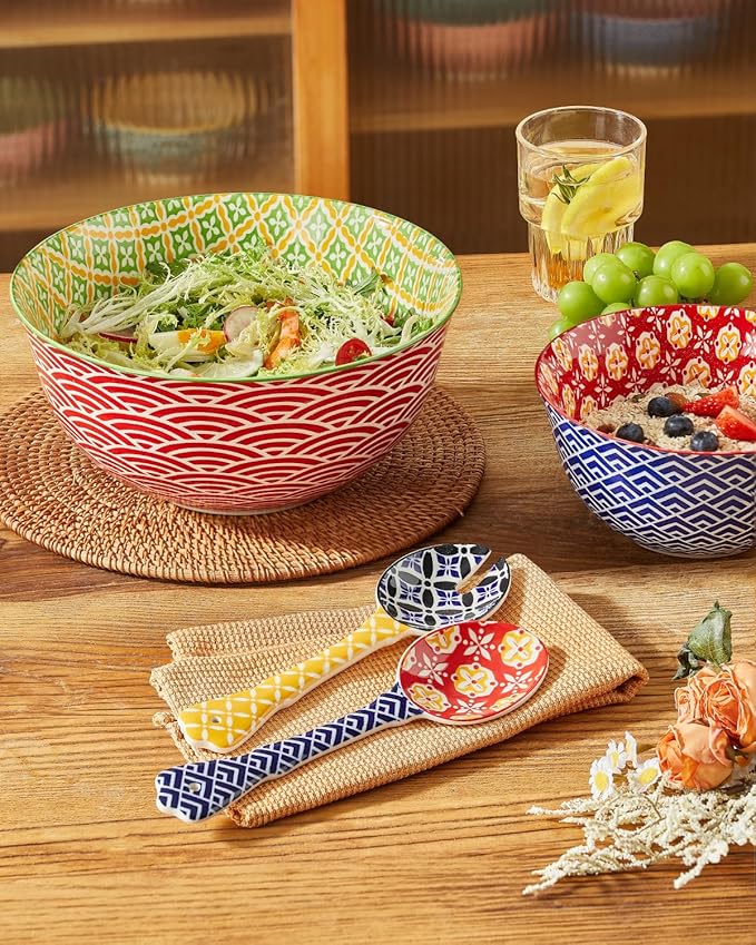 Metahom Ceramic Mixing Bowls for Kitchen, Colorful Nesting Bowls, Large Serving Bowls for Prepping, Baking, Mixing, Salad, Microwave Dishwasher Safe, 3.7/2.3/1.4 Qt, Set of 3
