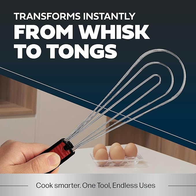 Flat Whisk and Tongs for Cooking – Multipurpose Kitchen Tool for Beating Eggs, Salad Tongs, BBQ, Whisks for Cooking, Easy Whisk, Hand Whisk (Black)