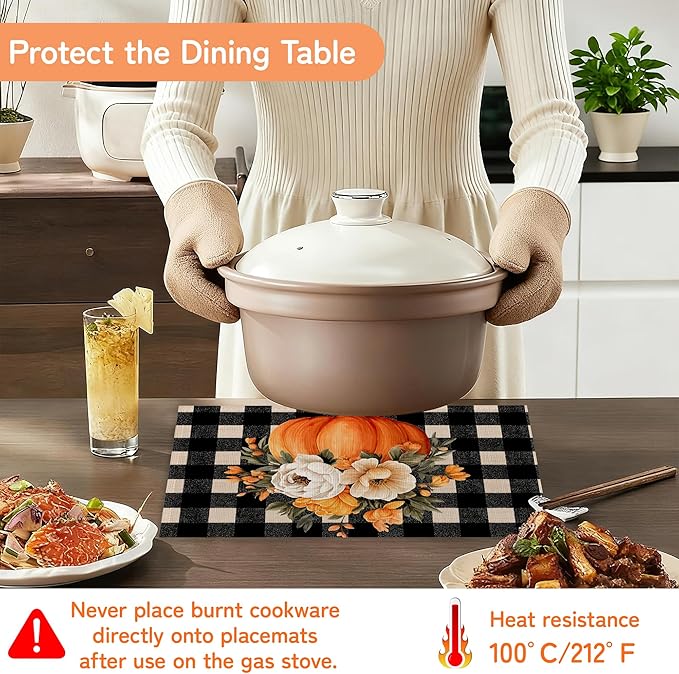 Plaid Pumpkin Placemats Set of 6,Flower Dinner Table Mats Non-Slip Washable Mats for Kitchen Dinner Party Tablemat 12x18Inch